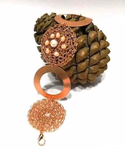 Pulsera Tejida Con Hilo de Cobre,Cobre Y Perlas