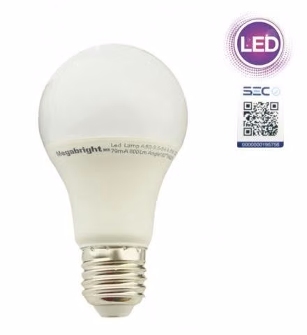 Ampolleta LED 9,5Watt E-27, A60 Luz Fria, Megabrig