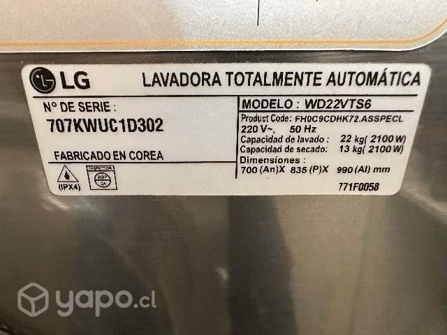 Lavadora secadora LG 22kg lavado 13 secado detalle