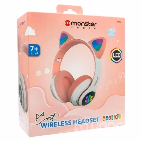 Audifono bluetooth orejas de gato, monster rosado