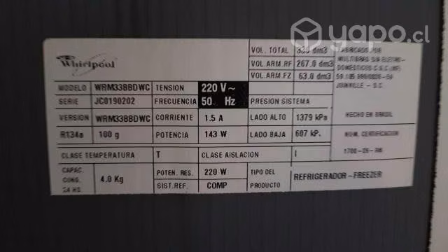 Refrigerador 2 puertas marca Whiripool