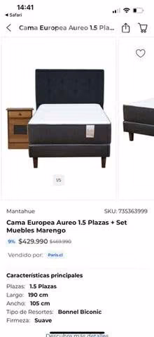 Cama europea aureo plaza 1,5 + velador