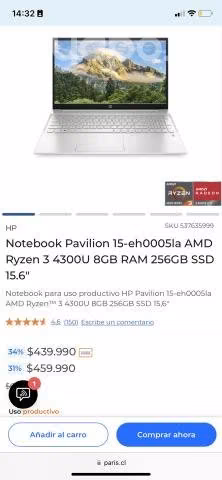 Notebook HP Pavilon Ryzen 3 12GB RAM 256GB SSD - Imagen 3