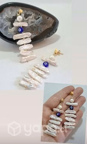 Aros Largos de Perlas Biwa Blancas/Acero/Cristal
