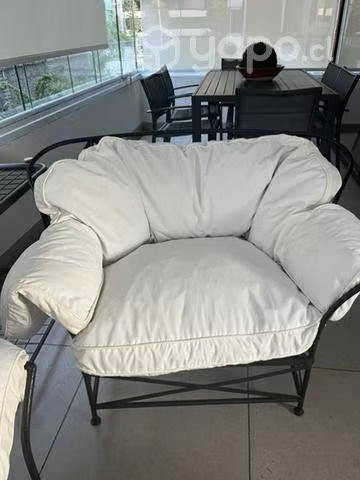 Juego de terraza de fierro + cojines + mesa mármol
