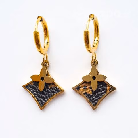 Aros Acero Dorado Flor y Cuero