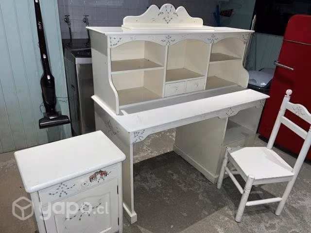 Escritorio + repisa + velador blanco