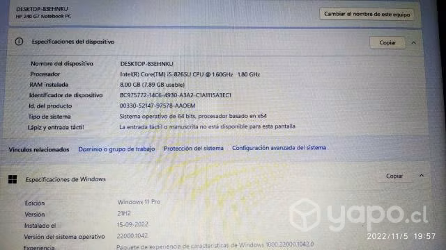 Notebook HP 250 G7/i5-SSD 120Gb HDD 1 Tb RAM 8 G