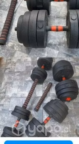 2 mancuernas, barra recta + 30kg en discos