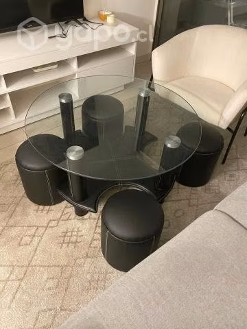 Mesa centro cubierta Vidrio Taburetes ecocuero