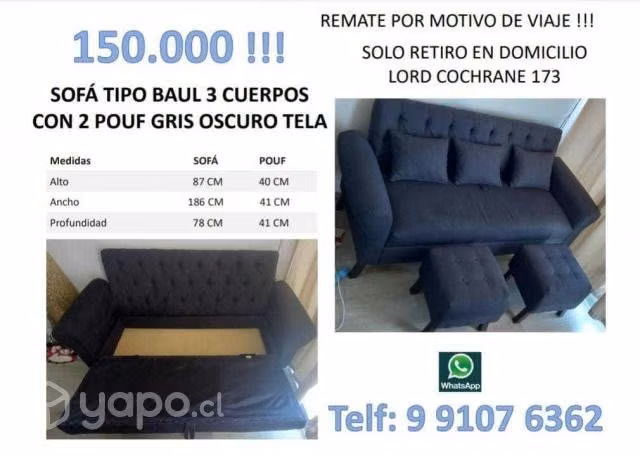 Sofá tipo baul 3 cuerpos con 2 pouf gris oscuro te