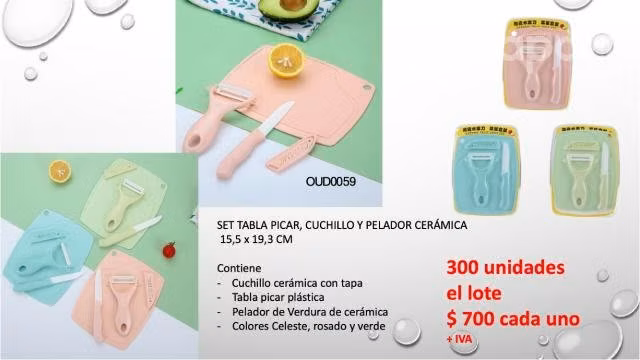 Lote tablas de picar+cuchillo+pelador cerámica