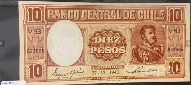Billete Chile. 10 pesos, Un Cóndor. Año 27-vi-1945