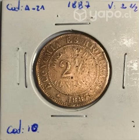 Moneda Chilena. 2 1/2 Centavos. Año 1887. Cobre