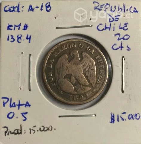 Moneda Chile, 20 Centavos Águila Año 1892, Ley 0.5