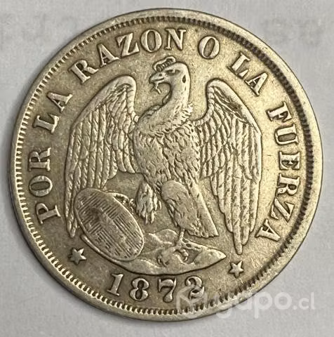 Moneda Chile, 20 Centavos Águila, Año 1872 Sin Ley
