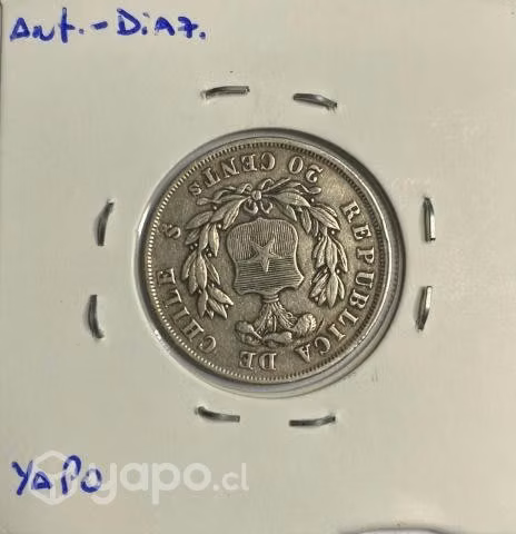 Moneda Chile, 20 Centavos Águila, Año 1872 Sin Ley