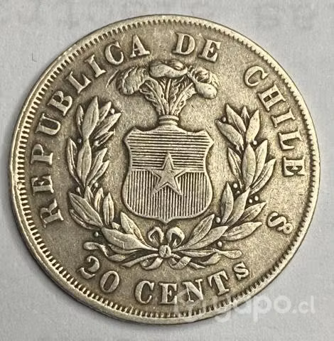 Moneda Chile, 20 Centavos Águila, Año 1872 Sin Ley