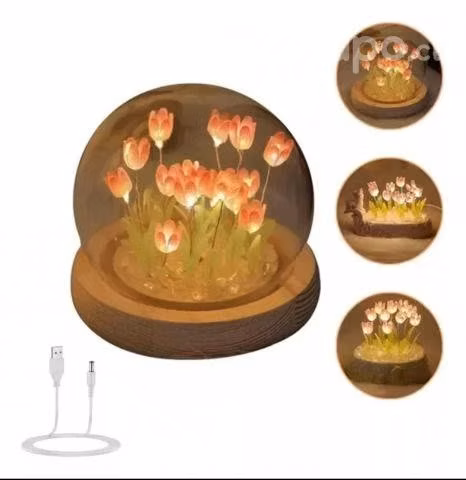 Lampara de cristal tulipanes, con base de madera