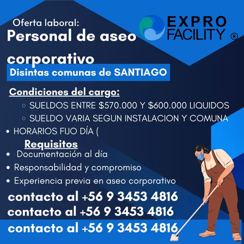 auxiliares de aseo corporativo para distintas comunas de santiago