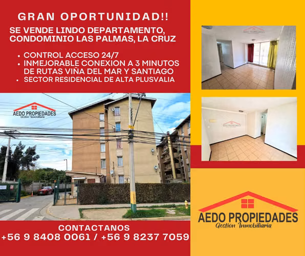 Se Vende Lindo y Funcional Departamento, Condominio Las Palmas, comuna de La Cruz.
