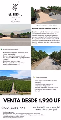 Parcelas en venta en Requínoa, camino el Trigal