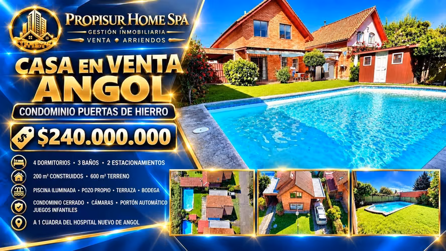 Vendo casa en Angol. 4D, 3B, 3E. Piscina. (154411)
