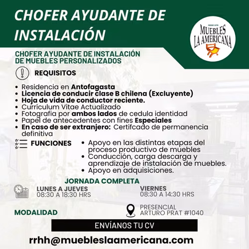 Chofer ayudante de instalación para fabrica de muebles