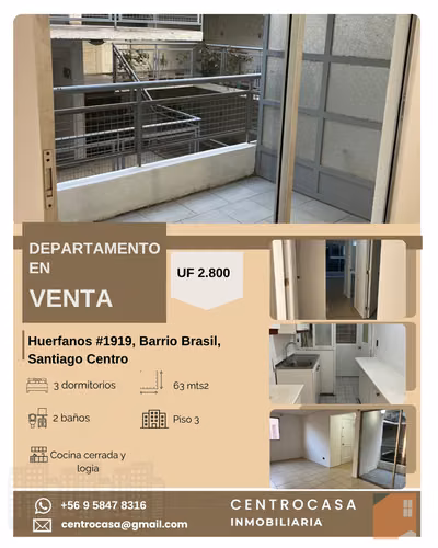 Amplio Depto 3D/2B con Gran Terraza – Huérfanos #1919, Barrio Brasil