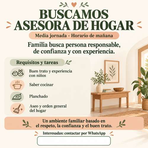 Se busca Asesora de Hogar – Media Jornada (Mañana)