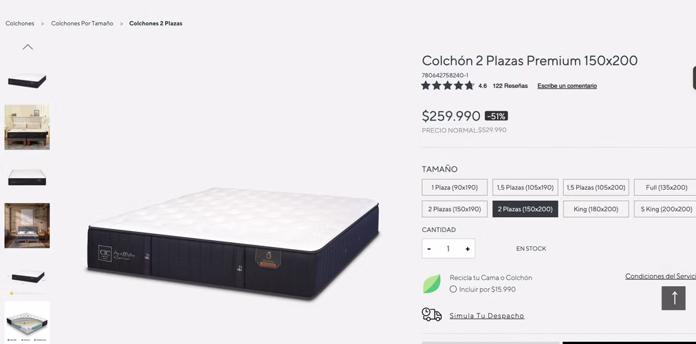 Cama 2 plazas marca CIC - Base curve (madera) + colchon premiun (resortes pocket)
