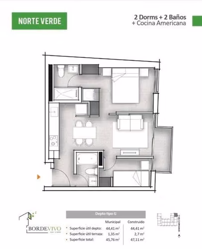 Departamento en venta 2 Dorm. y 2 Baños San Isidro Santiago