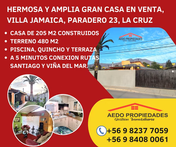 Se Vende Hermosa y Amplia Casa Aislada de Dos Pisos en Villa Jamaica, comuna de La Cruz
