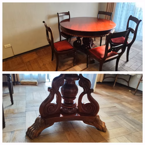 Comedor de estilo, mesa redonda enchape caoba y 6 sillas
