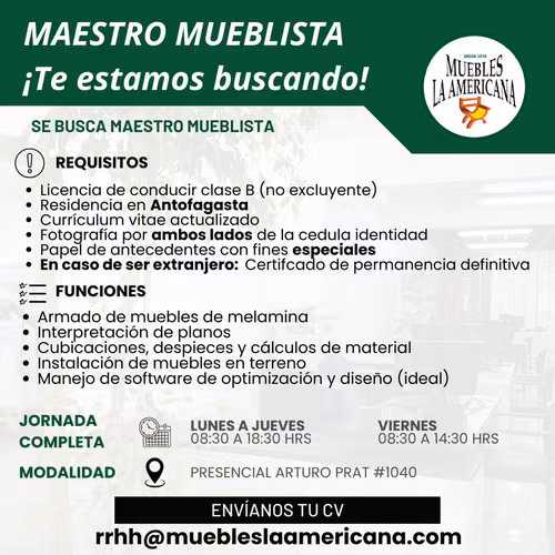 Se busca Maestro Mueblista con experiencia en Instalación