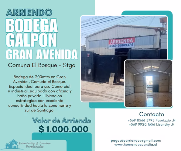 ARRIENDO BODEGA  - GALPON GRAN AVENIDA COMUNA EL BOSQUE