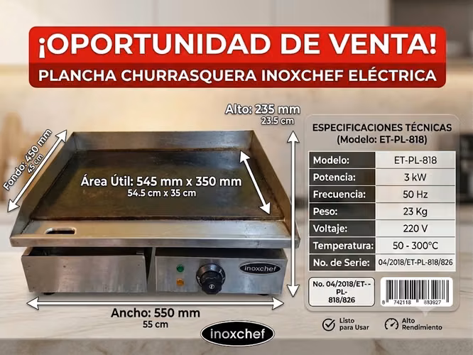 SE VENDE PLANCHA CHURRASQUERA ELECTRICA INOXCHEF MODELO ET-PL-818