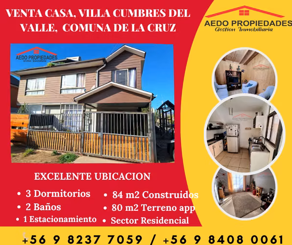 Se vende excelente casa, Villa Cumbres del Valle, comuna de La Cruz