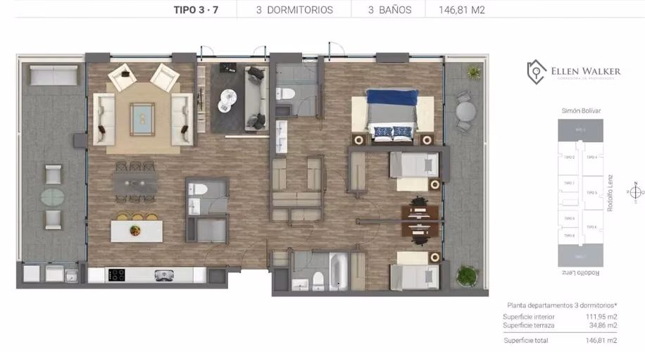 Amplio Departamento 3D+3B+ Sala de Estar | 147 m² | Metro Chile España | 2 Terrazas - Imagen 26