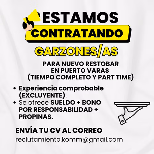 Garzones/as con experiencia para nuevo restobar en Puerto Varas