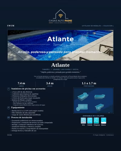 Piscina Fibra de Vidrio Creatos 10,5x3,5m - Instalación Incluida