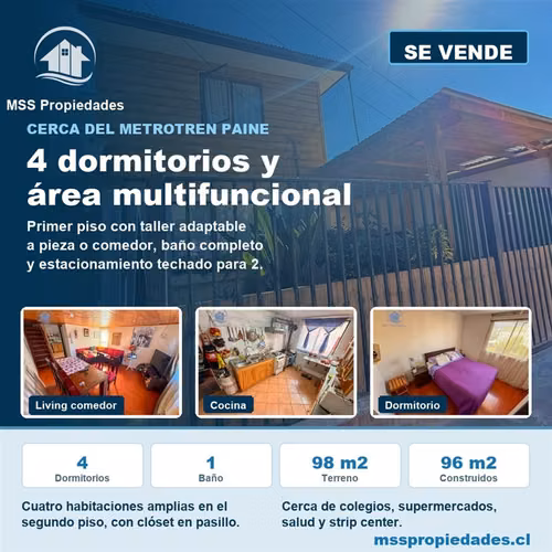 Casa en venta de 4D/1B. 2 estac. Techados en Paine
