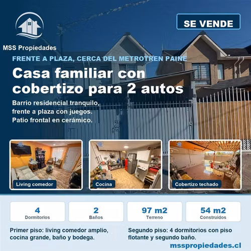 Casa 4 Dorm Cobertizo Frente a Plaza Metrotren Paine