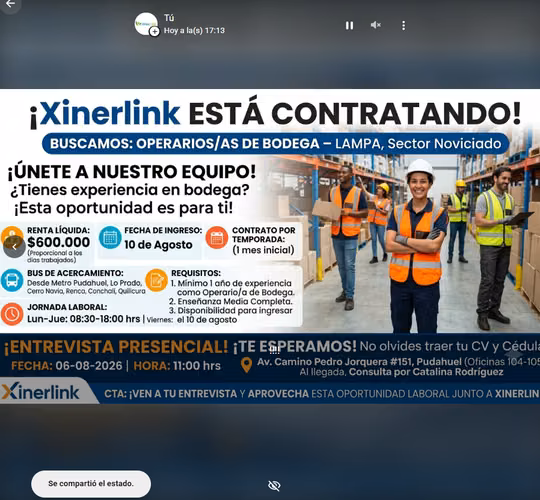 Entrevistas Presenciales para el cargo de  Operarios/as de Bodega – Lampa, Sector Noviciado
