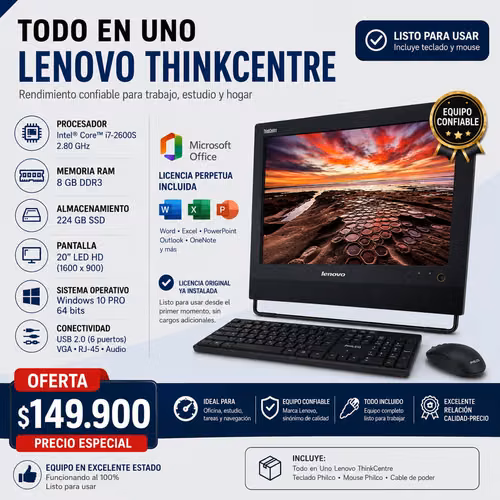 Computador All in One Lenovo ThinkCentre i7 SSD 8GB + Office
