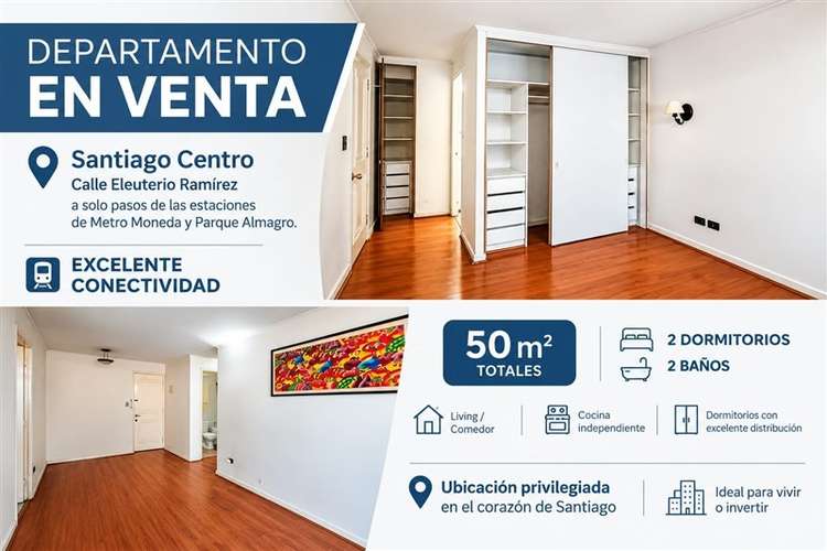 Departamento en venta de 2 dorm. 2b Metro Moneda