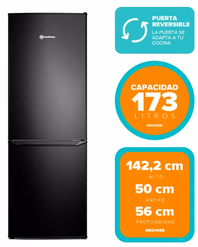 Refrigerador Mademsa 173L Frío Directo Bottom Freezer Puerta Reversible MED165B Negro.