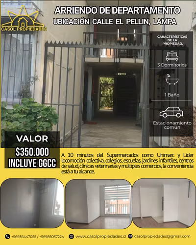 Arriendo de Departamento en Calle El Pellin Comuna Lampa