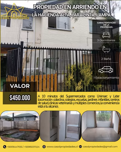 Arriendo de Propiedad en La Hacienda Alta, Larapinta, Lampa.