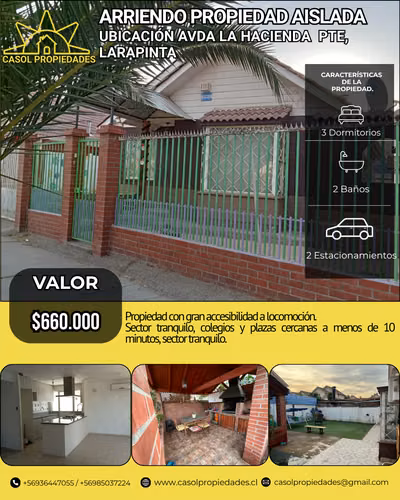 Amplia Propiedad en Arriendo en Avda. La Hacienda Poniente